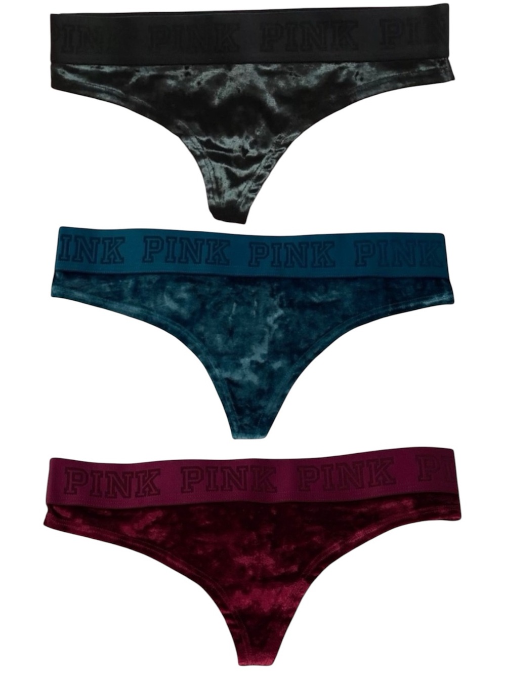 Y2K Victoria’s Secret PINK 3PC Velvet Thong Set | Black, Teal & Burgundy | XS |🆕